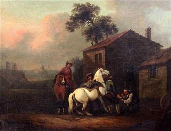 Attributed to Philip Wouwermans (1619-1668) Riders beside a cottage with a farrier shoeing a horse 22 x 28.5in.